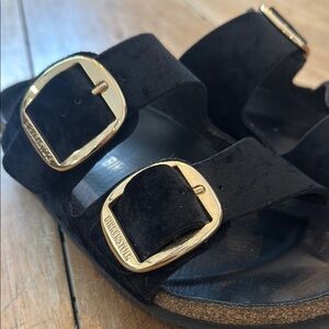 Birkenstock Black Velvet with Big Gold Buckles 39